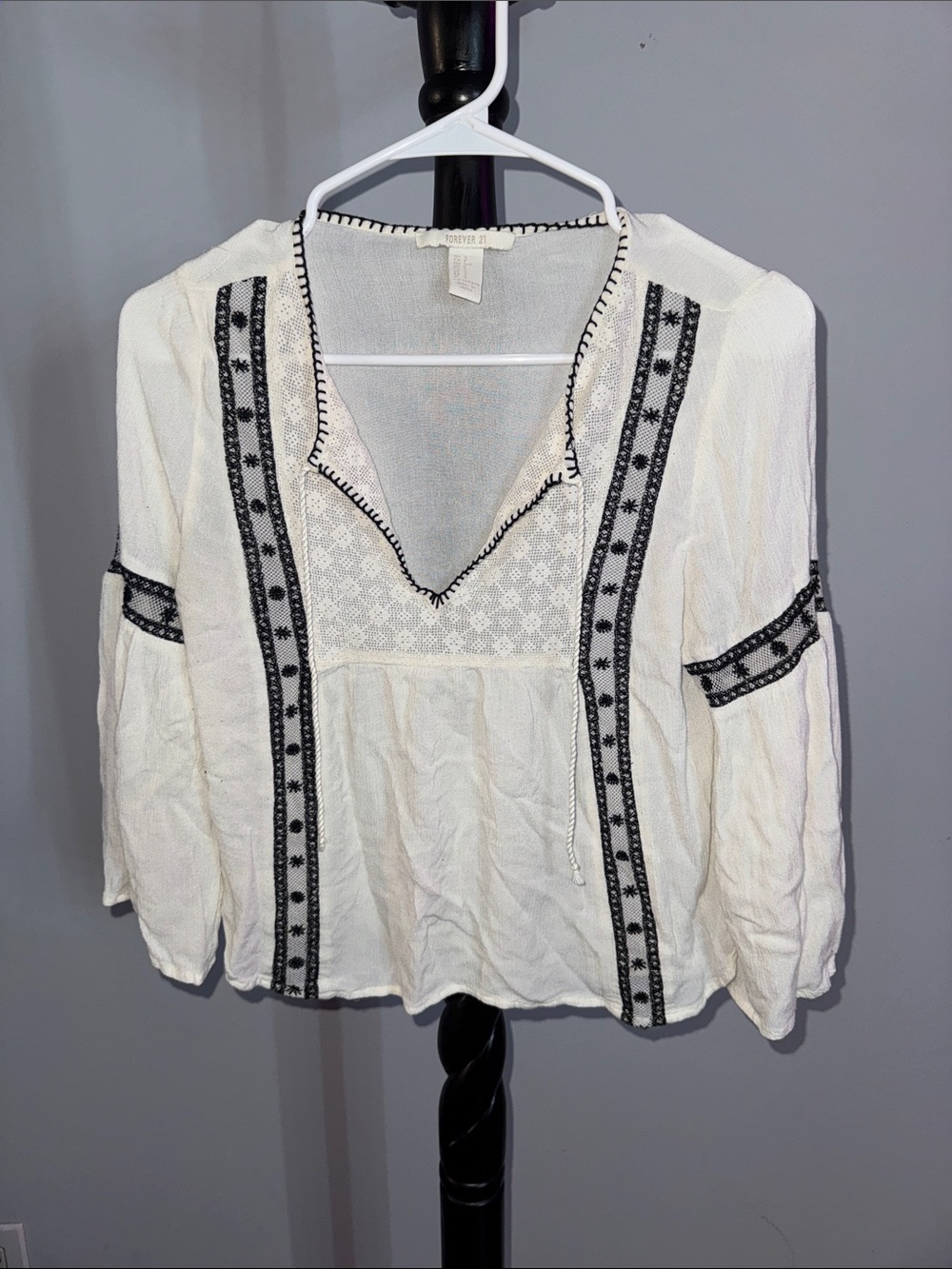 Forever 21 White Peasant Blouse with Black Embroidery 31